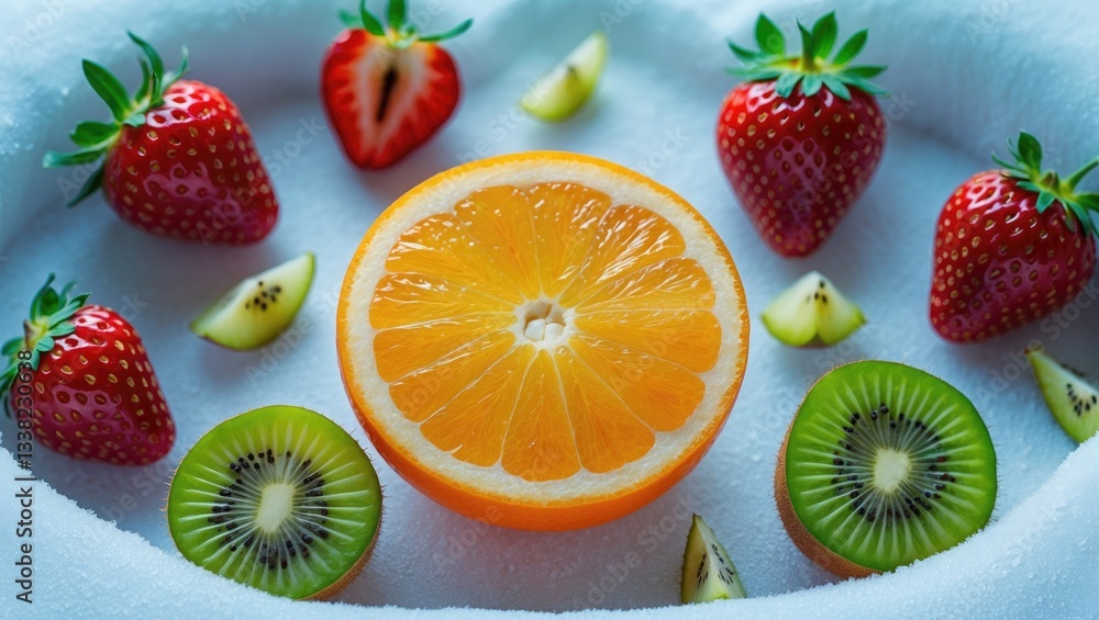 Poster different sliced fruits such as orange, strawberries, and kiwi are arranged on a bright white backgr
