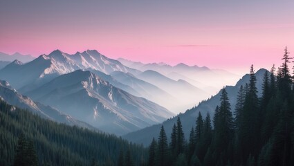 Obraz premium Scenic landscape featuring mountain peaks and coniferous forest at dawn under a pink sky.