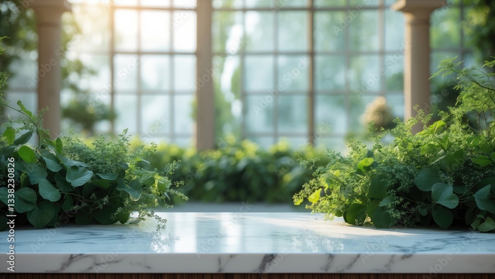 Poster selective focus. elegant product showcase background featuring a marble top in front of a blurred la