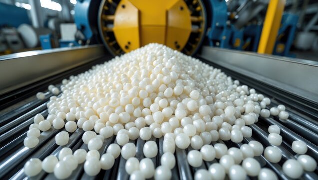 Recycled plastic granules, either propylene or polyethylene pellets, on a conveyor belt of a waste plastic recycling machine's shale shaker. Concept of environmental protection, separation, and aut...