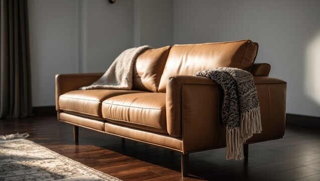 Close-up view of a stylish modern brown leather lounge sofa on wooden flooring, featuring a throw rug draped over the arm. Illuminated by natural side lighting.