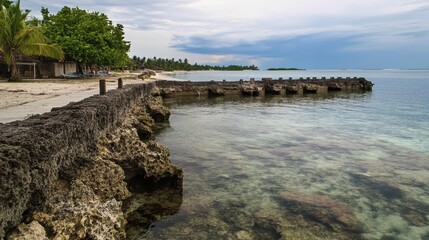 Obraz premium A serene coastal scene featuring rocky shoreline, clear water, and lush greenery under a cloudy sky.