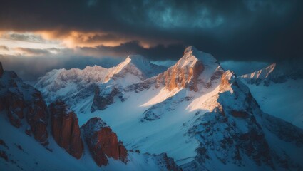 Majestic mountain peaks covered in snow during winter. Dramatic landscape featuring towering snowy rocks, a cloudy overcast sky in a cold evening. Alpine mountains. Nature. Dark scenery.