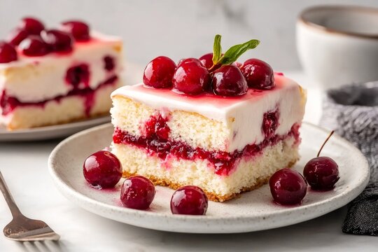 Delicious cherry cake with cream cheese frosting and fresh cherries topping