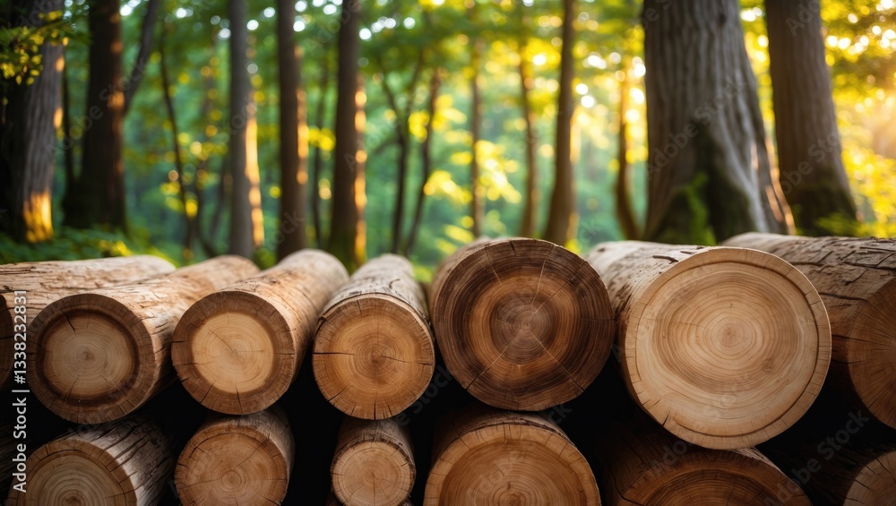 Poster wooden logs with forest in background stacked tree trunks in the foreground, lush green forest behin