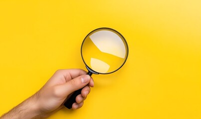  Hand holding magnifying glass on isolated yellow background
