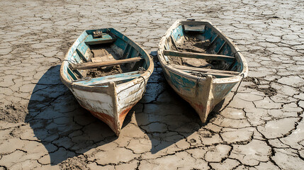Old wooden fishing boat on the shore by the water with a peaceful summer landscape