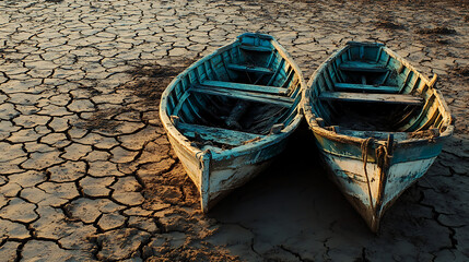 Old wooden fishing boat on the shore by the water with a peaceful summer landscape