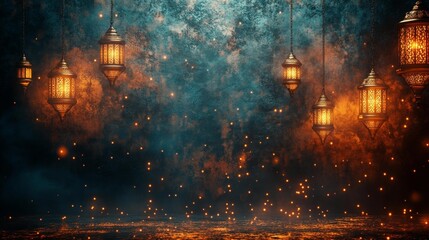 Fototapeta premium Festive Eid Lanterns Glowing Against a Dark and Mystical Backdrop. Generative AI