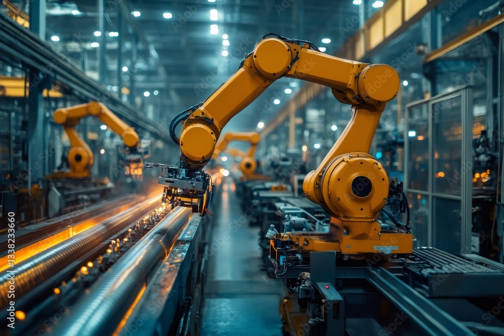 Poster robotic arms working on assembly line in modern factory