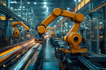 Fototapeta premium Robotic arms working on assembly line in modern factory