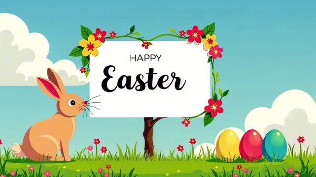 On a white sign surrounded by flowers, the inscription "Happy Easter" appears, a rabbit sits on the grass next to it and colorful Easter eggs and flowers lie, against the background of clouds. 