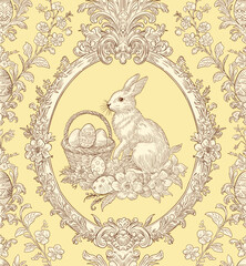 Easter Bunny Basket and Eggs Spring Elegant Seamless Pattern for Fabrics, Wallpapers and Packaging