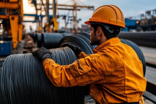 Industrial worker handling steel cable coil in port area