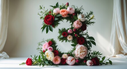 Number 3 crafted from real natural flowers and leaves. Flower font idea. Distinct collection of letters and numbers.