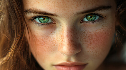 Close-up portrait of a young woman with beautiful eyes and makeup, smiling with a glamorous look