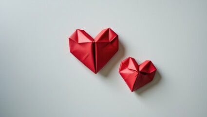 Two red origami hearts on a light background. Gift cards. Overhead view.