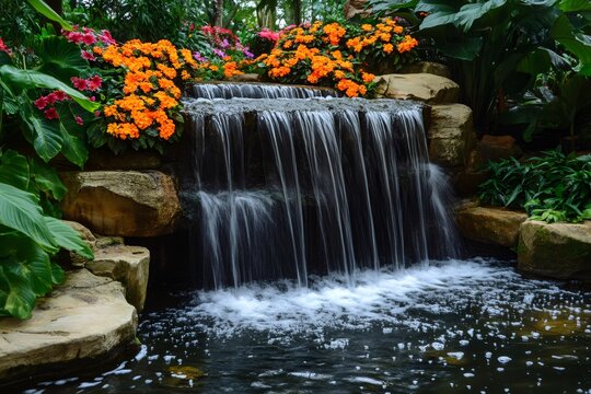 Cascading waterfall flowing into tranquil pond amidst lush greenery