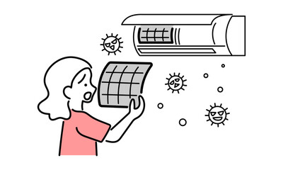 エアコンのホコリに悩む女性のイラスト