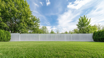 Fototapeta premium serene backyard with white fence, lush green grass, and vibrant trees under bright blue sky creates peaceful outdoor space