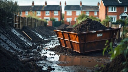 View of wet ground work with some earth placed in a large industrial skip on one side of the frame. Space available to add text on blurred wet mud and sloped garden floor.