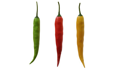 Red, green, yellow chili peppers, 3D render