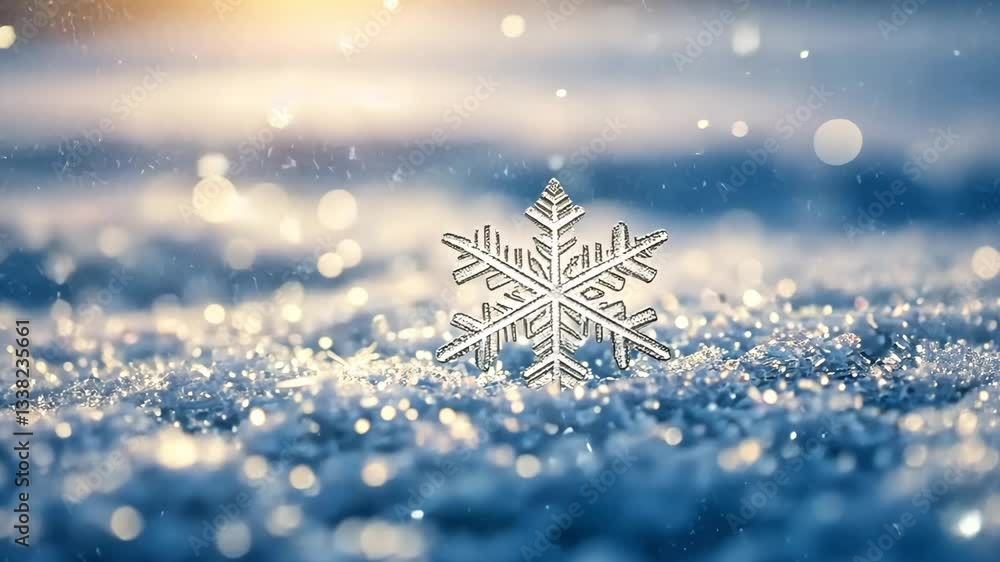 Poster close up of a snowflake on a snowy surface with bokeh lights and a blurred background effect