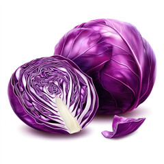 Fototapeta premium A vibrant purple cabbage, partially sliced to reveal its intricate inner layers, set against a clean background.