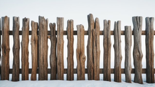 Wooden fence constructed from logs set against a white backdrop.