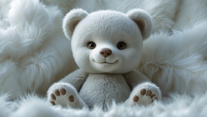 Smiling teddy bear on a background of white fluffy fur blanket. Closeup. Blank space for inspiration, sentimental text, quote, or sayings.