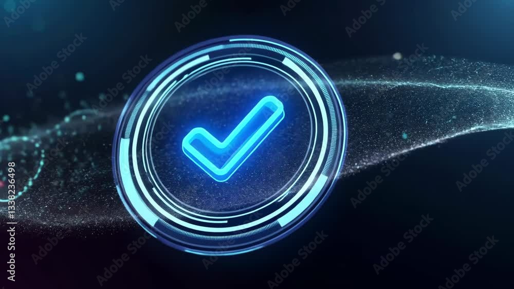 Poster a glowing blue check mark inside a circular frame with digital particles on a dark background design