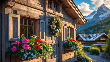 Charming wooden chalet in the picturesque village with flowering window boxes. Rustic Alpine style.