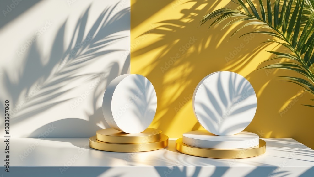 Poster white and gold cylindrical displays on a white table with palm leaf shadows. empty display space for