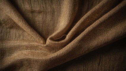 Top view of natural brown hessian fabric or sack. Fabric is an affordable textile or material composed of jute, coarsely woven. Abstract texture background.