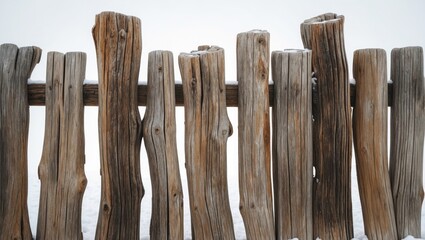 Wooden fence constructed from logs set against a white background