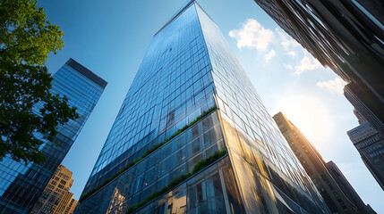 Modern office building in a city skyline with glass facade and tall skyscrapers reflecting the sky