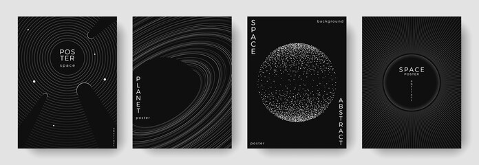 Set of abstract space astronomy backgrounds. Line art simple galaxy, planet, black hole. Black and white science future concept. Futuristic minimal design for cover, poster, banner, flyer, brochure © Anastasiya Stoma