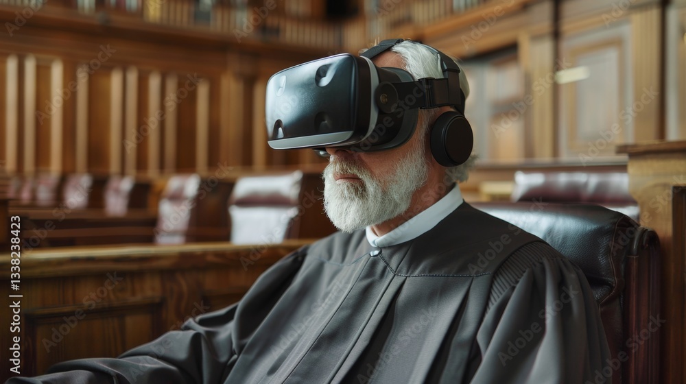 Poster judge participates in virtual trial using augmented reality technology in courtroom setting