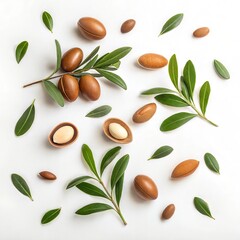 Argan Oil Seeds and Leaves, a Natural Beauty Concept, Clean background