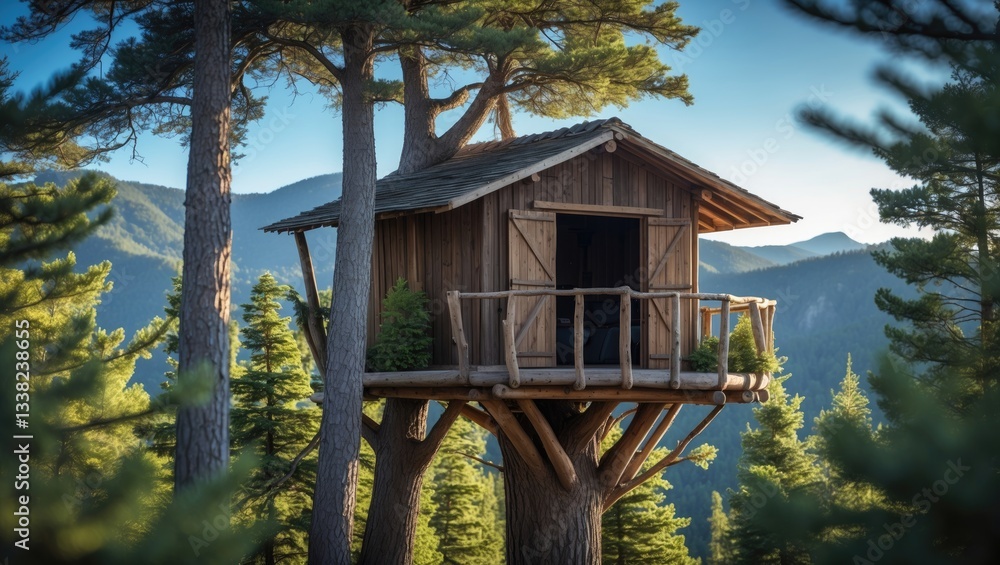 Poster a rustic wooden treehouse situated on strong branches, surrounded by a dense forest setting, providi