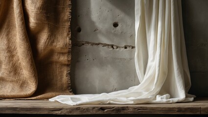 Rustic Interior featuring Concrete Wall and Wooden Surface Adorned with Burlap and White Fabric