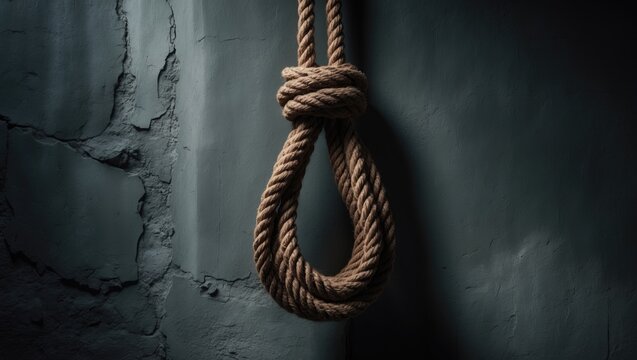 Rope noose for hangman created from natural fiber rope against a textured gray wall.