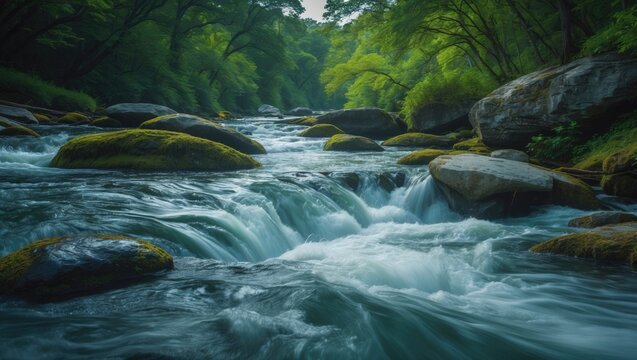 Rushing stream cascades over boulders encircled by vibrant greenery.