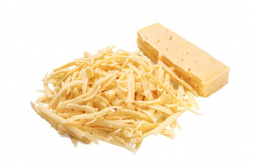 Heap of grated delicious cheese on white background