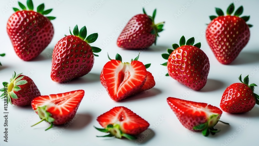 Poster collection of strawberries on white backdrop, showcasing different forms from whole to sliced. the v