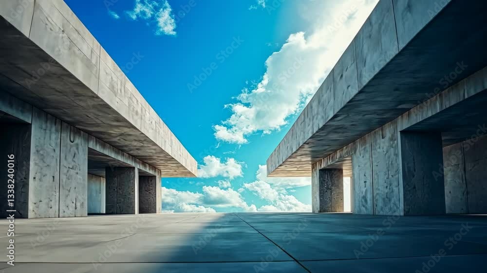 Aufkleber symmetrical modern architecture with raw concrete structure revealing a bright sky view and clouds.