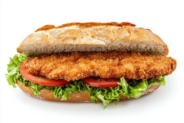 Crispy chicken sandwich with tomato and lettuce on white background, a flavorful and delicious food concept