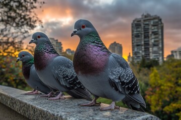 Pigeons standing on ledge at sunset with city in background