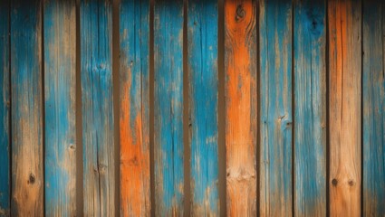 Obraz premium Rustic wooden fence with paint restoration, vibrant background