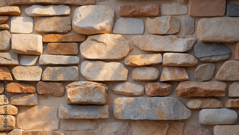 Poster rustic exterior wall constructed from various sizes of brown flat natural stones arranged in a rando